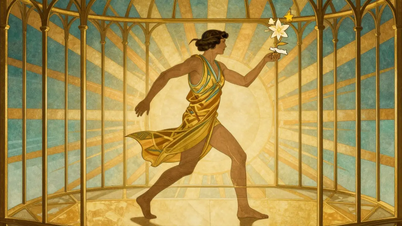 Person breaking free from a golden cage in Art Deco style