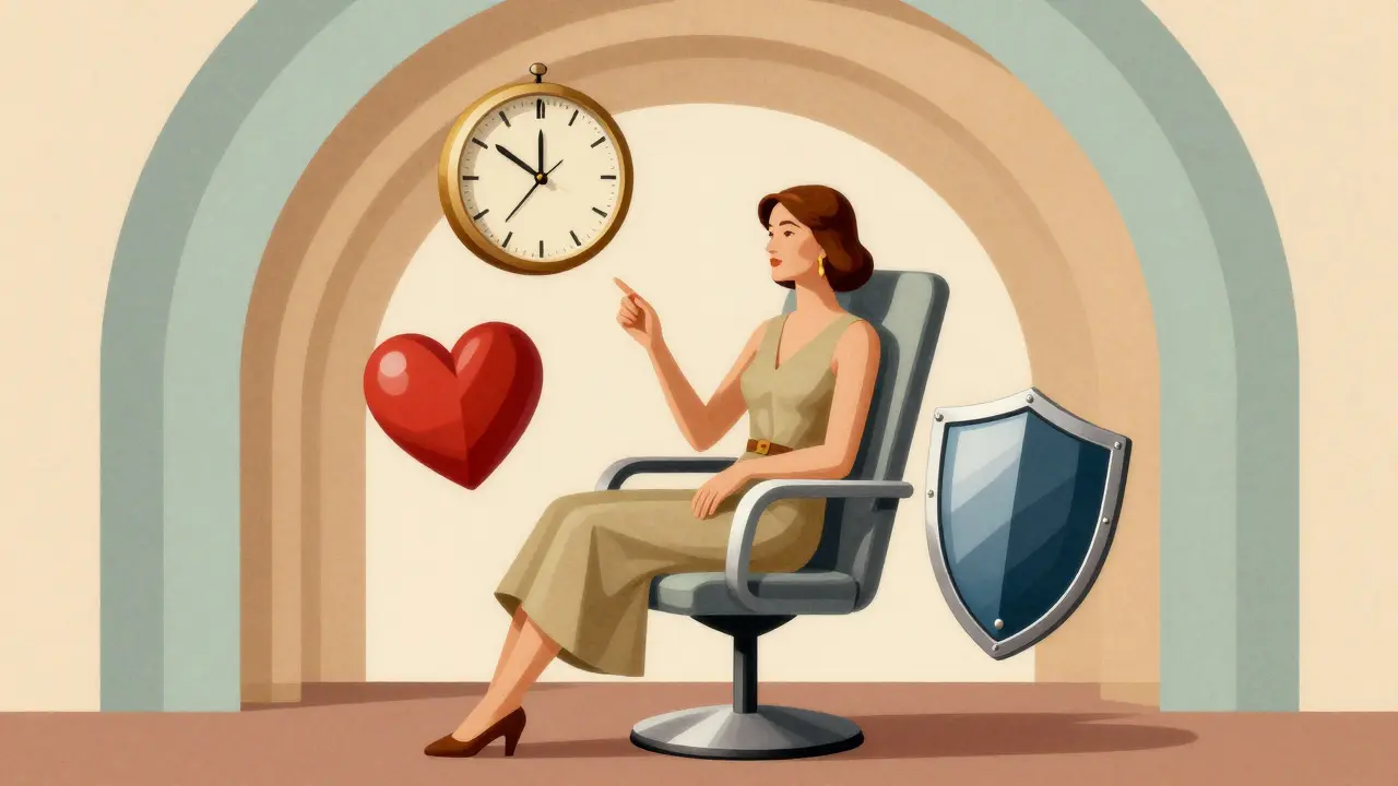 Person sitting calmly surrounded by floating symbols of time, health, and protection