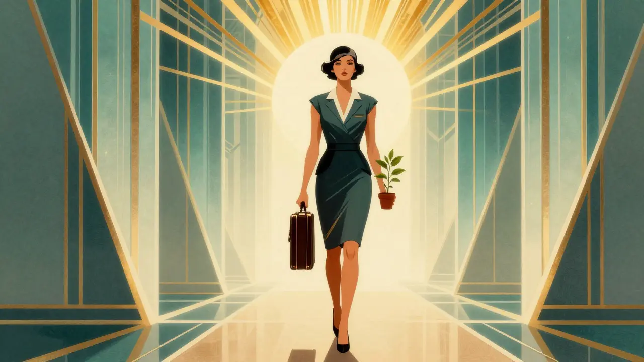 Profesionál jdoucí kupředu s květináčem v art deco stylu