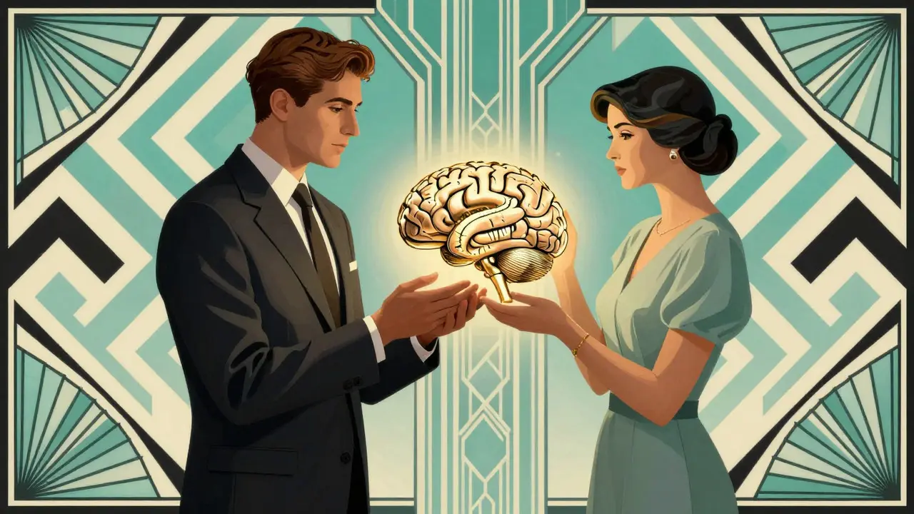 Psychiatr a terapeut zkoumají mozek v Art Deco stylu