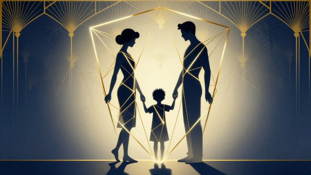 Rodina spojená zlatými nitmi, symbol podpory, Art Deco