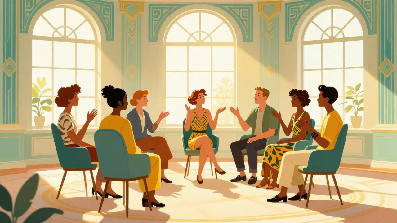 Skupina lidí v kruhu v osvětlené místnosti, styl Art Deco