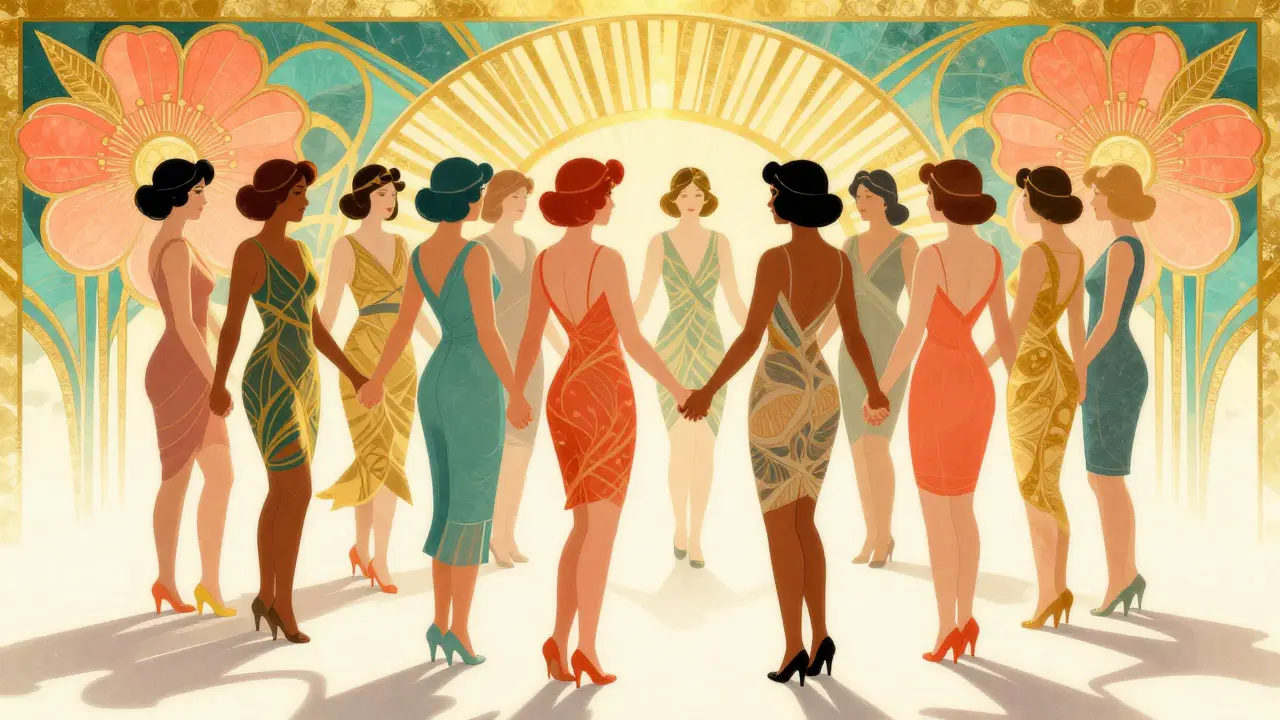 Skupina žen podporujících se vzájemně v Art Deco ilustraci