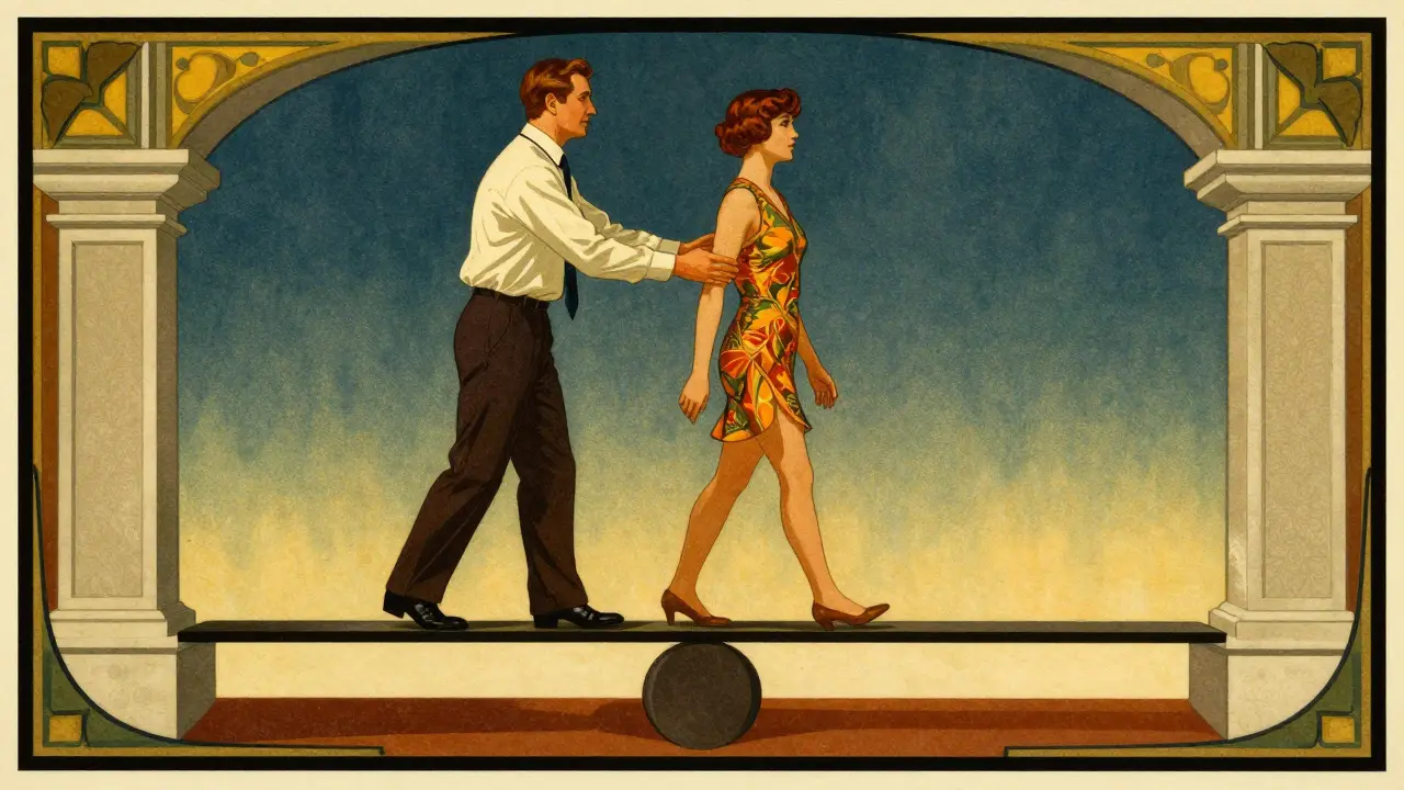 Vintage art deco grafika zobrazující respektování autonomie klienta a rovnováhu mezi podporou a konfrontací.