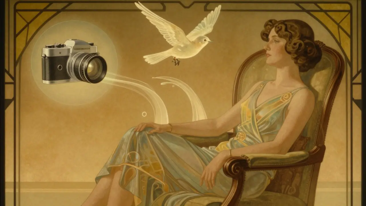 Žena v křesle s metaforickými prvky zotavování v art deco stylu