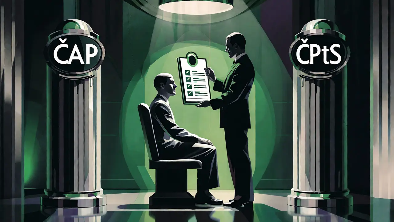 Art Deco ilustrace: Ověřování kvalifikace terapeuta mezi institucemi ČAP a ČPtS.