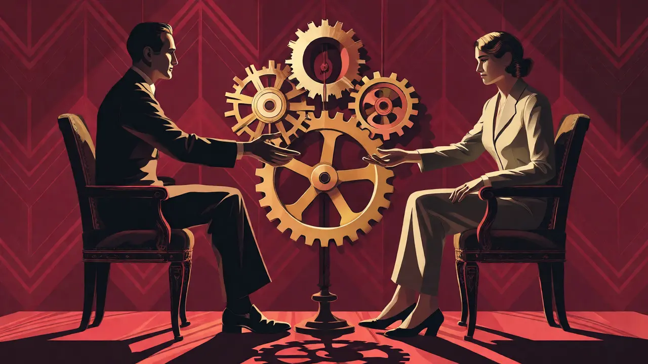 Art Deco ilustrace párové terapie se dvěma postavami a zlatým ozubeným kolečkem mezi nimi jako symbolem systému.