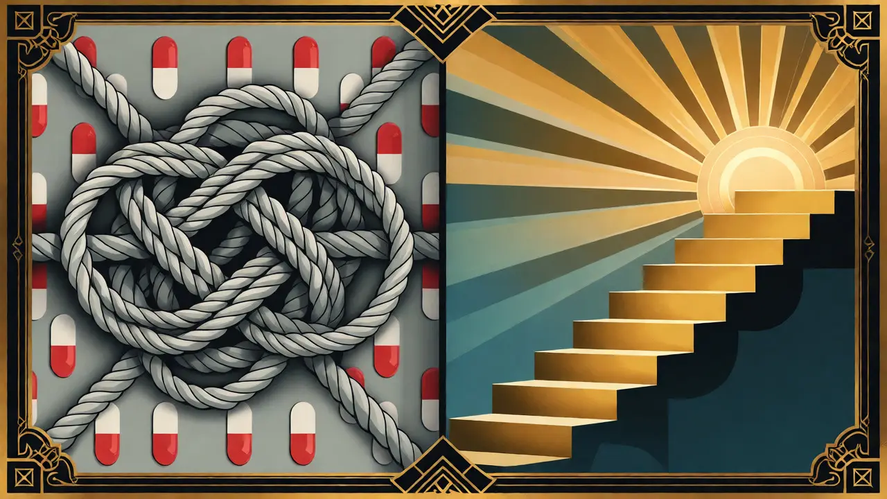Art deco ilustrace porovnávající cestu léků a trvalou změnu mozku