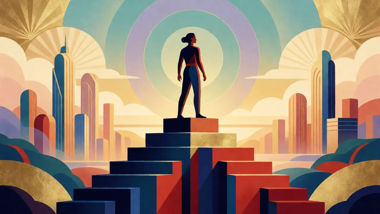 Art Deco ilustrace sebevědomé osoby stojící na geometrickém podstavci jako symbol úspěchu terapie