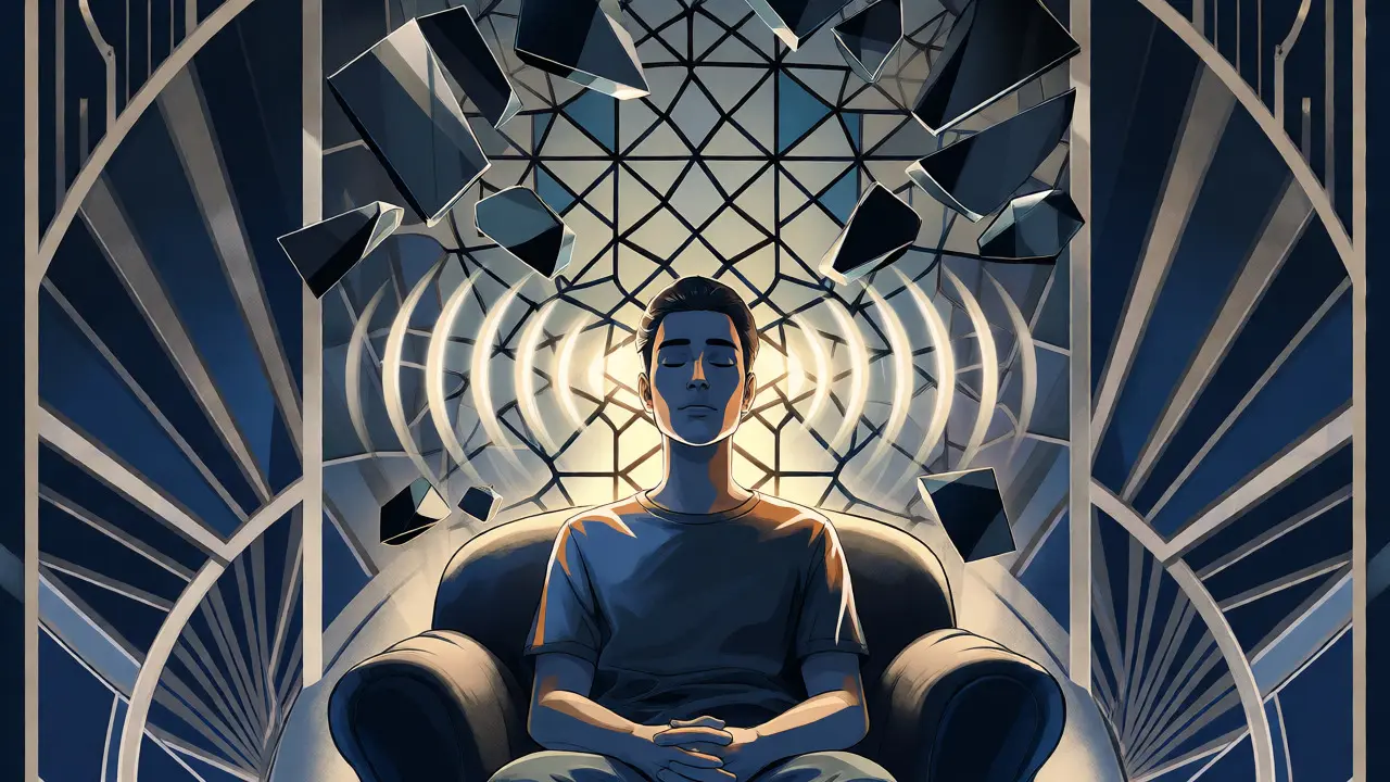 Art Deco ilustrace terapie traumatu pomocí EMDR s geometrickými vzory a světelnými oblouky kolem hlavy.