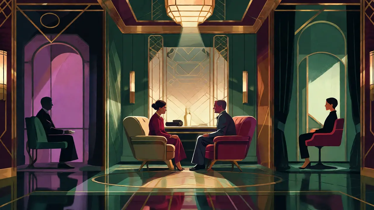 Art deco scéna terapeutické ordinace s různými formáty sezení