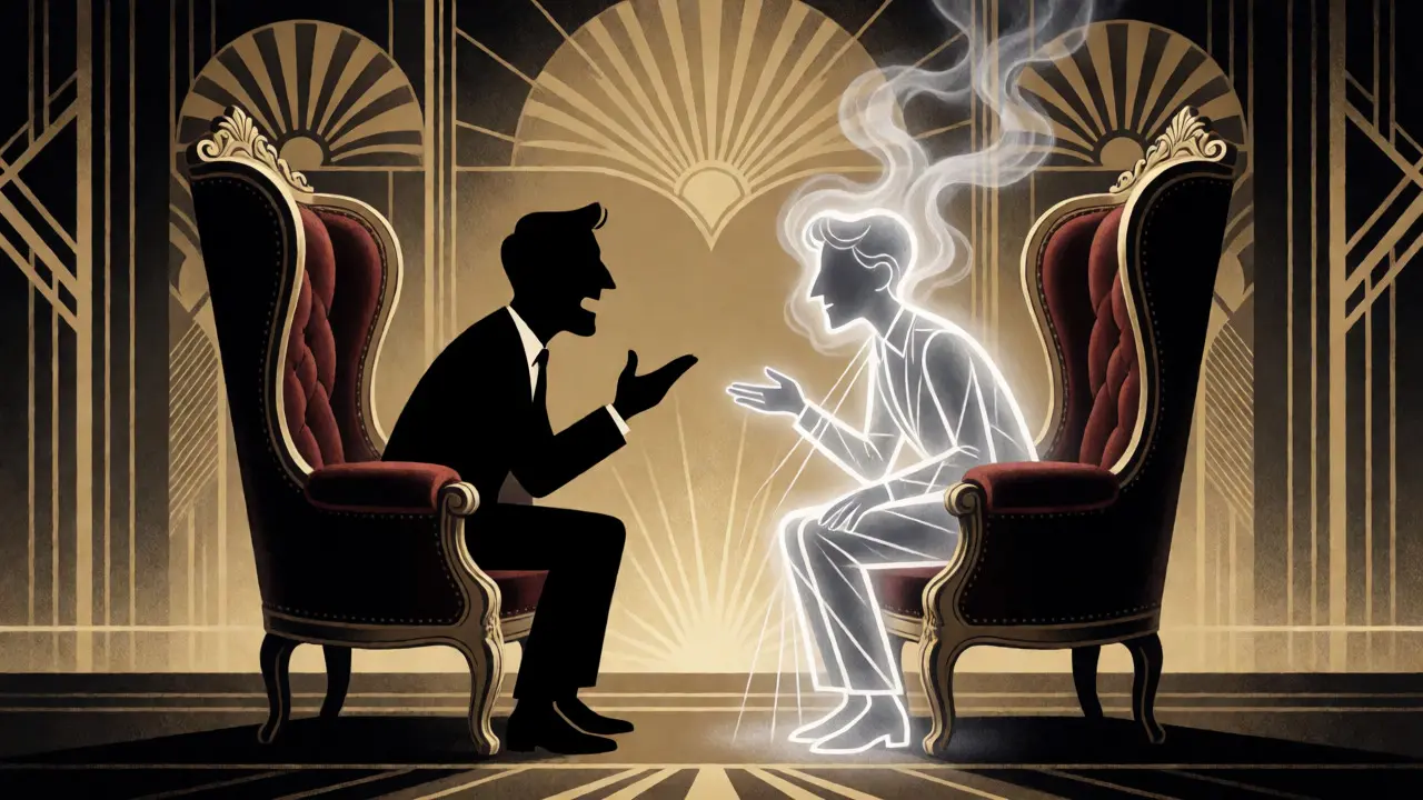 Dvě židle v art deco interiéru s průsvitnou postavou představující nedokončené záležitosti.