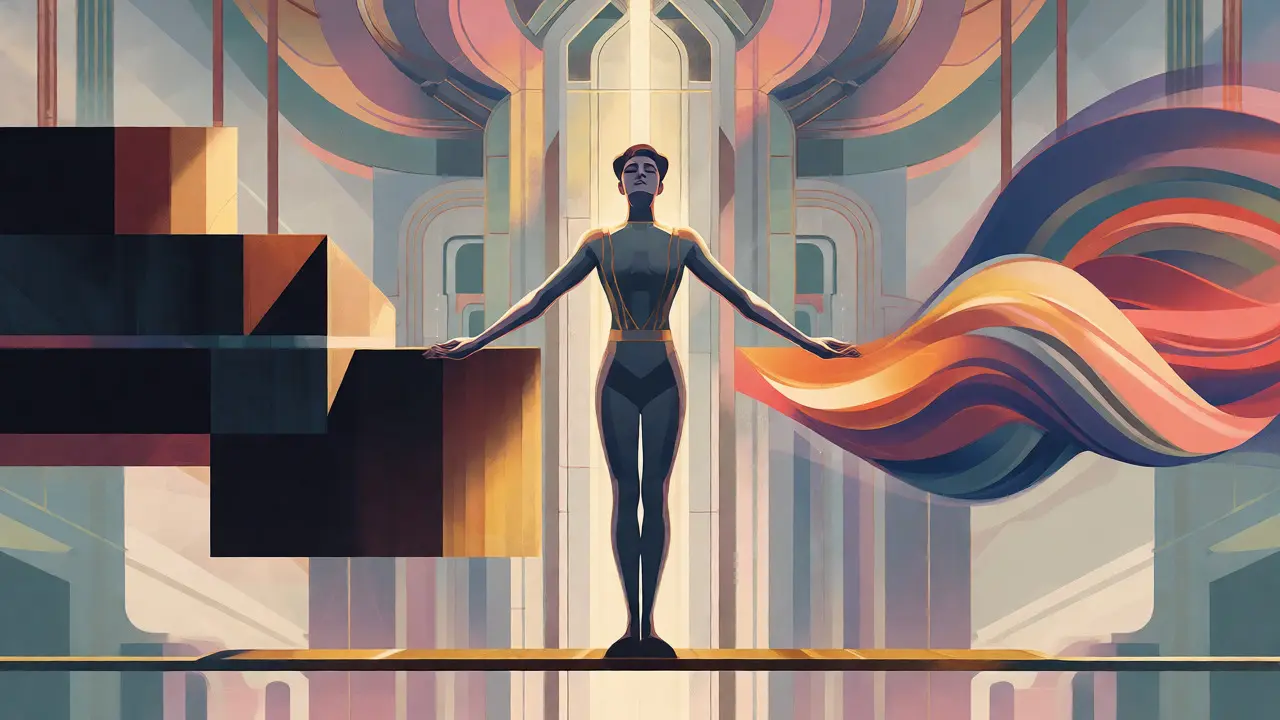 Figura na rovnováze mezi tmavými bloky a barevnými vlnami v Art Deco stylu
