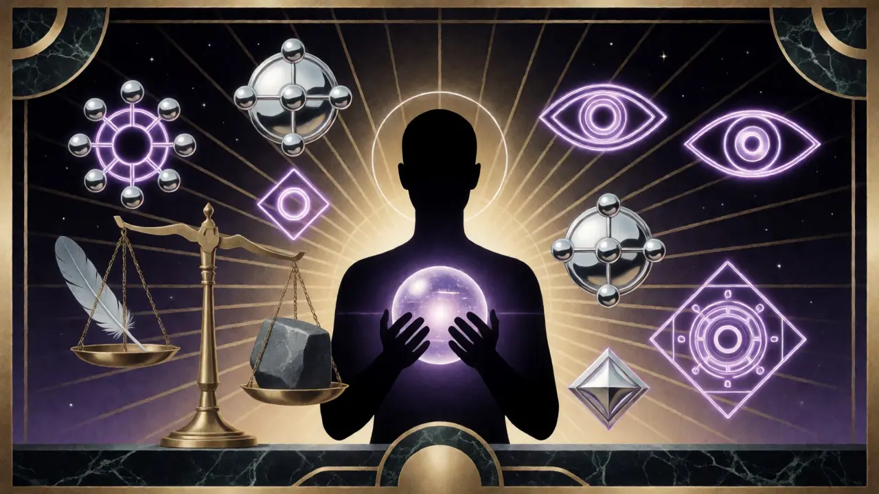 Futuristická ilustrace ve stylu Art Deco s prvky blockchainu a váhou rovnováhy mezi mazáním a archivací dat.