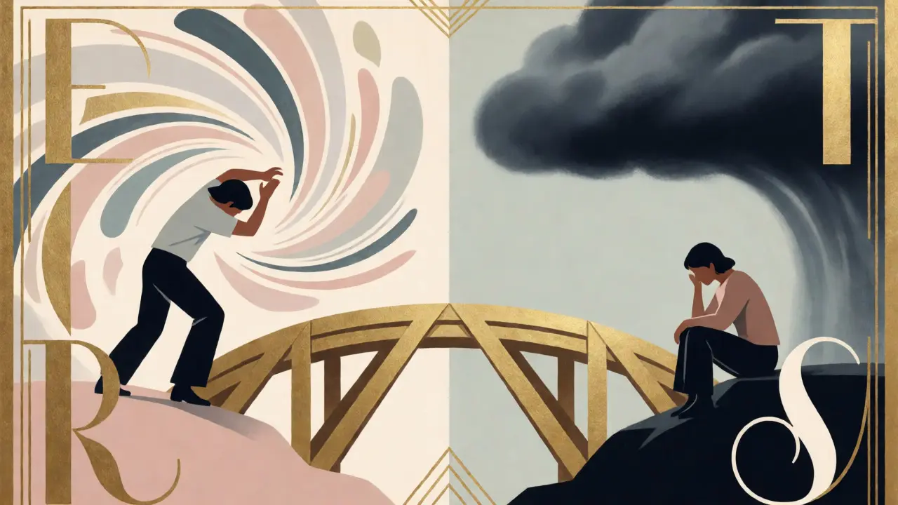 Ilustrace spojující chaos pozornosti a tíhu deprese zlatým mostem terapie ve stylu Art Deco.