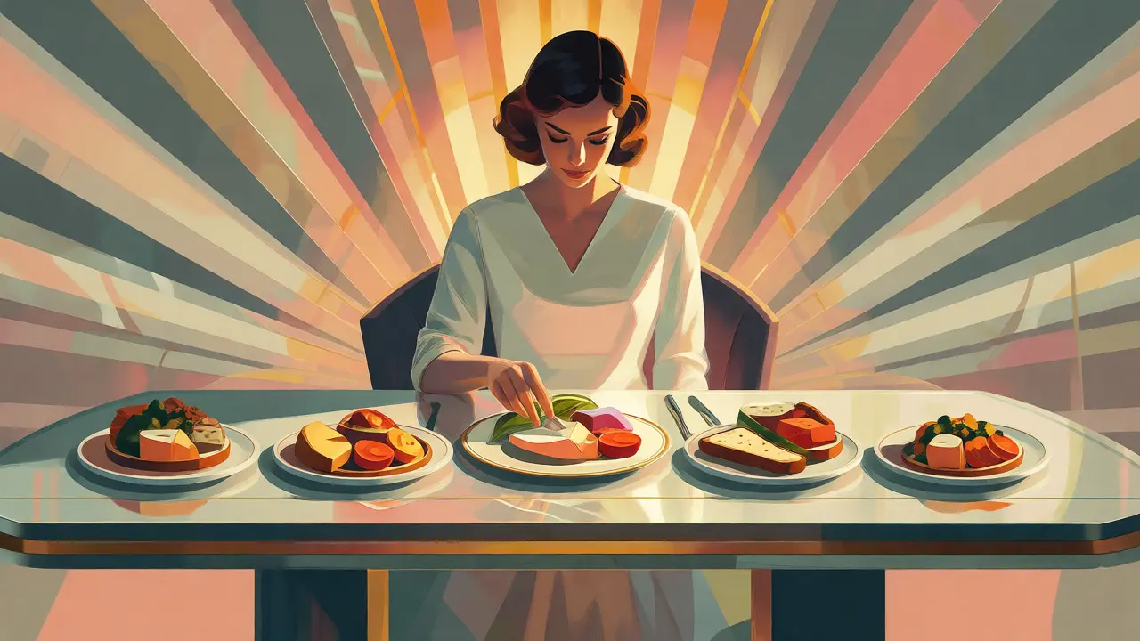 Klidná žena jí vyvážené jídlo v geometrickém uspořádání, ilustrace Art Deco.