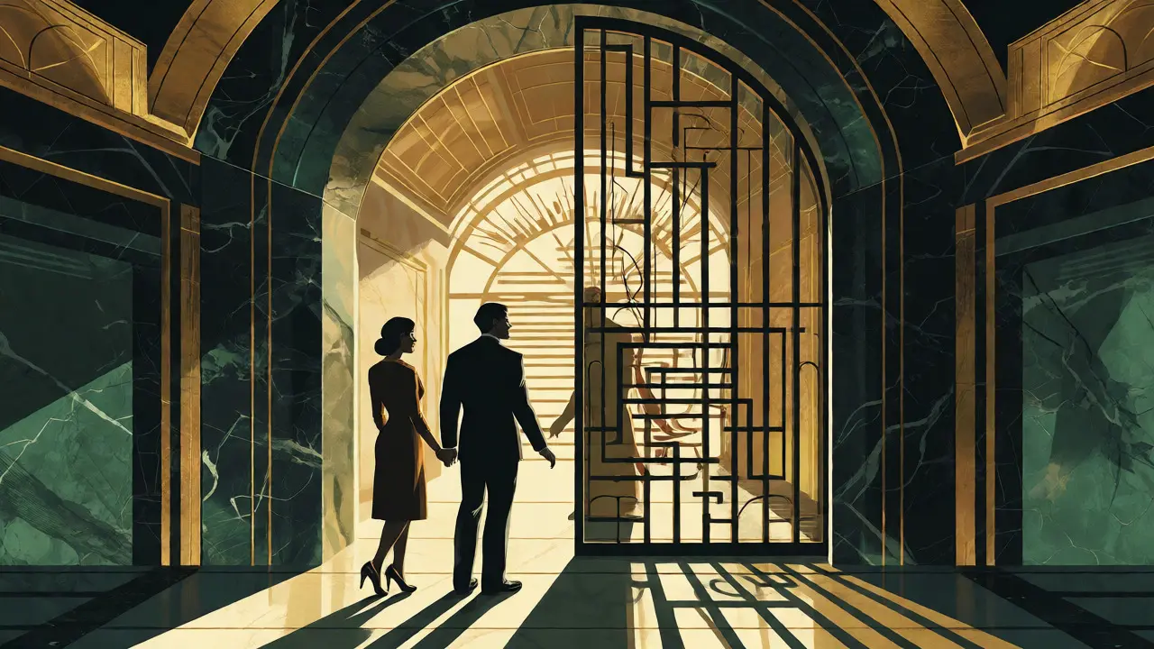 Pár stojící před Art Deco obloukem s geometrickými překážkami