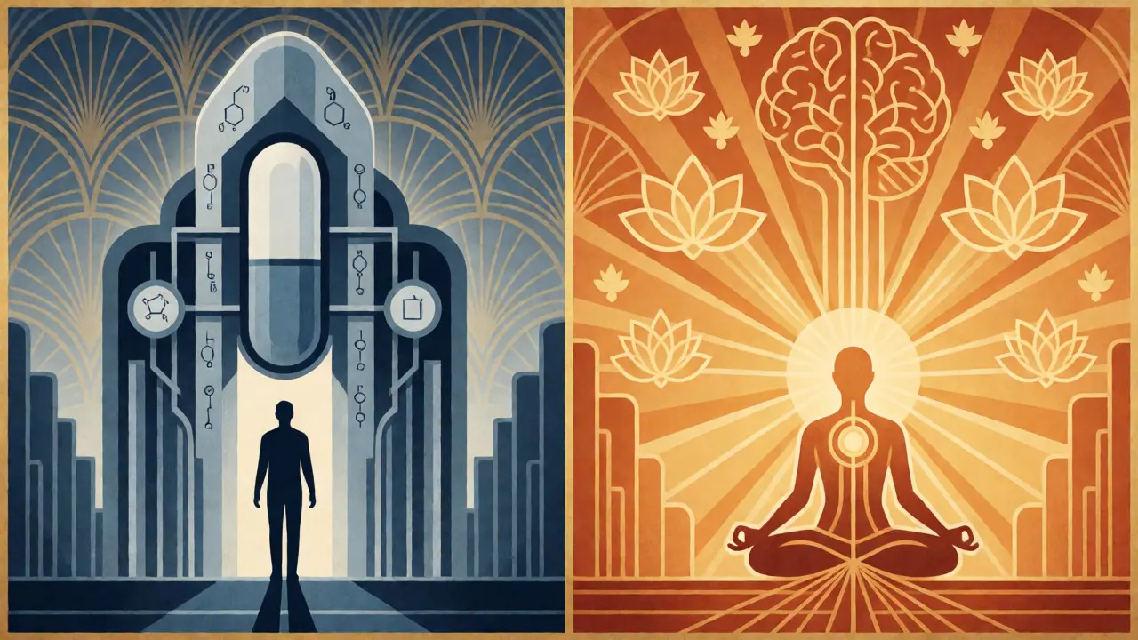 Porovnání závislosti na lécích a aktivní praxe MBCT v art deco ilustraci.