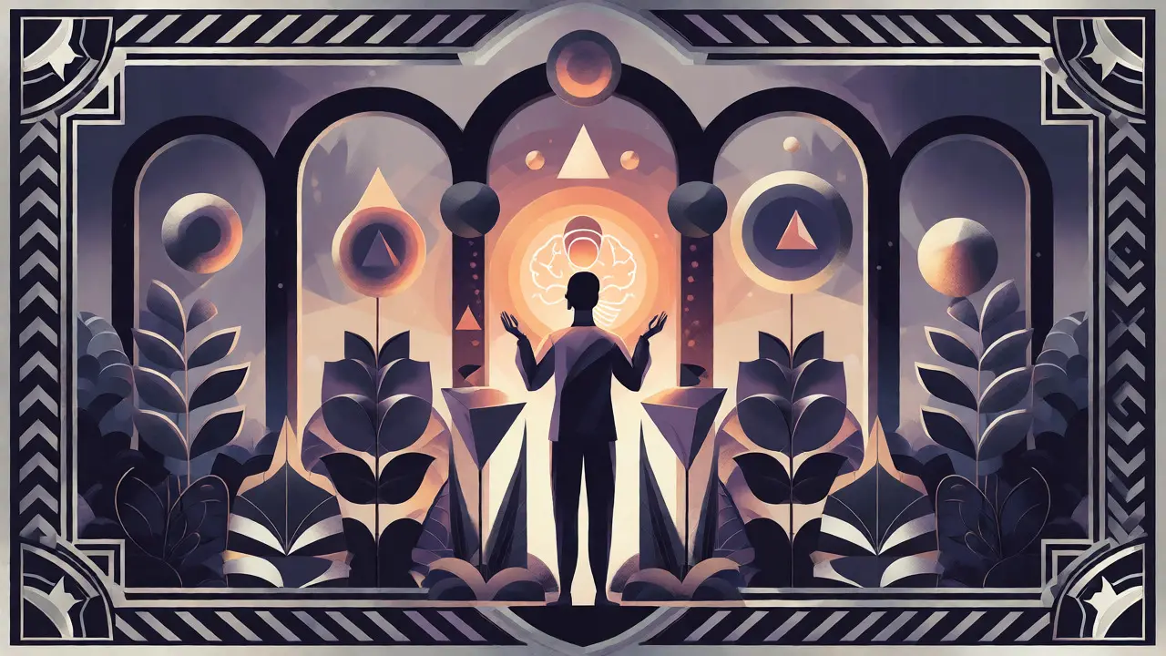 Postava v harmonickém Art Deco prostředí symbolizující vyvážený život