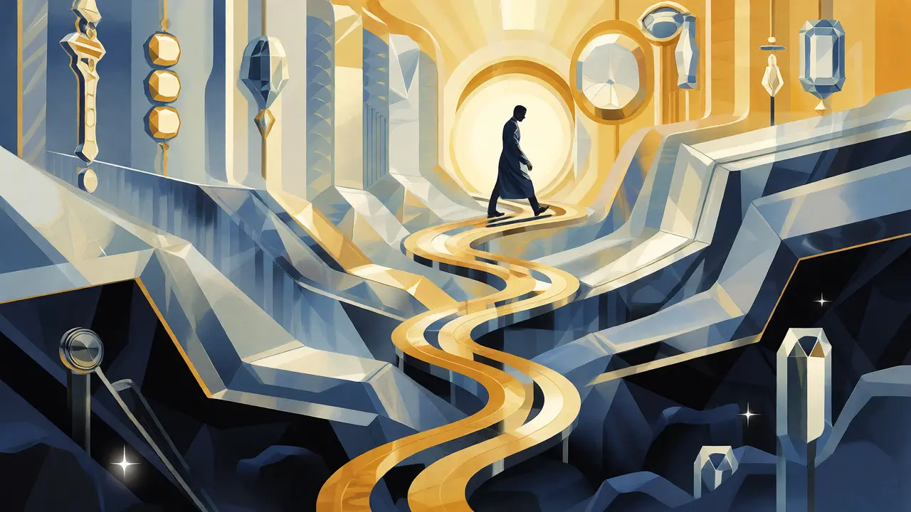 Postupná cesta k uzdravení z temných úhlů do světlých křivek ve stylu Art Deco.