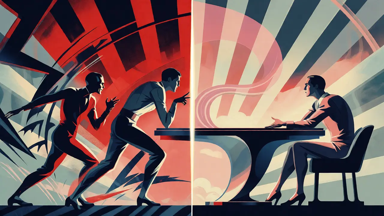 Rozdělená scéna hádky a klidného rozhovoru v ilustraci Art Deco