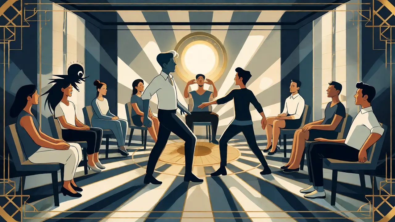 Skupina lidí v Art Deco stylu procvičující techniky DBT v kruhu