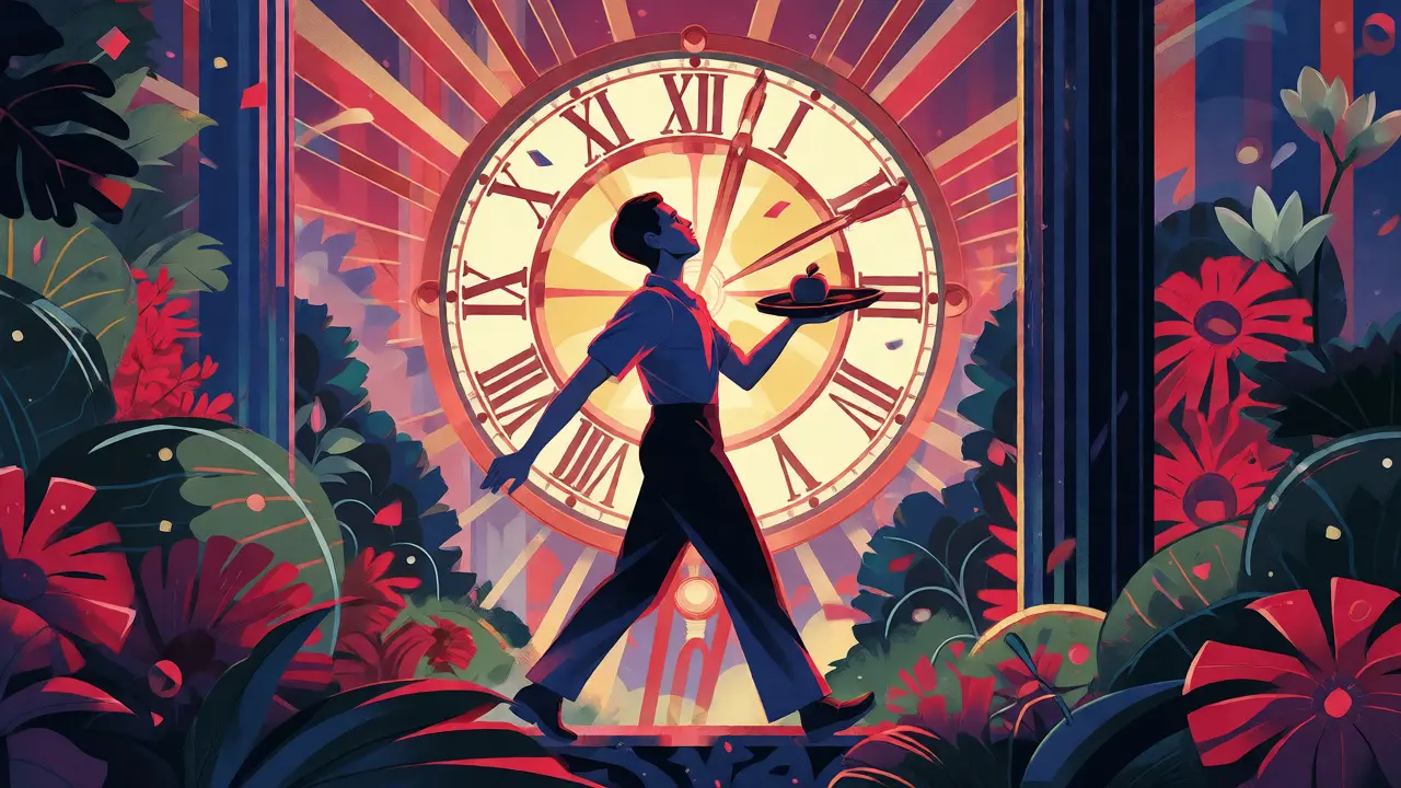 Šťastná žena drží jablko na pozadí slunečního motivu Art Deco, symbolizující uzdravení.
