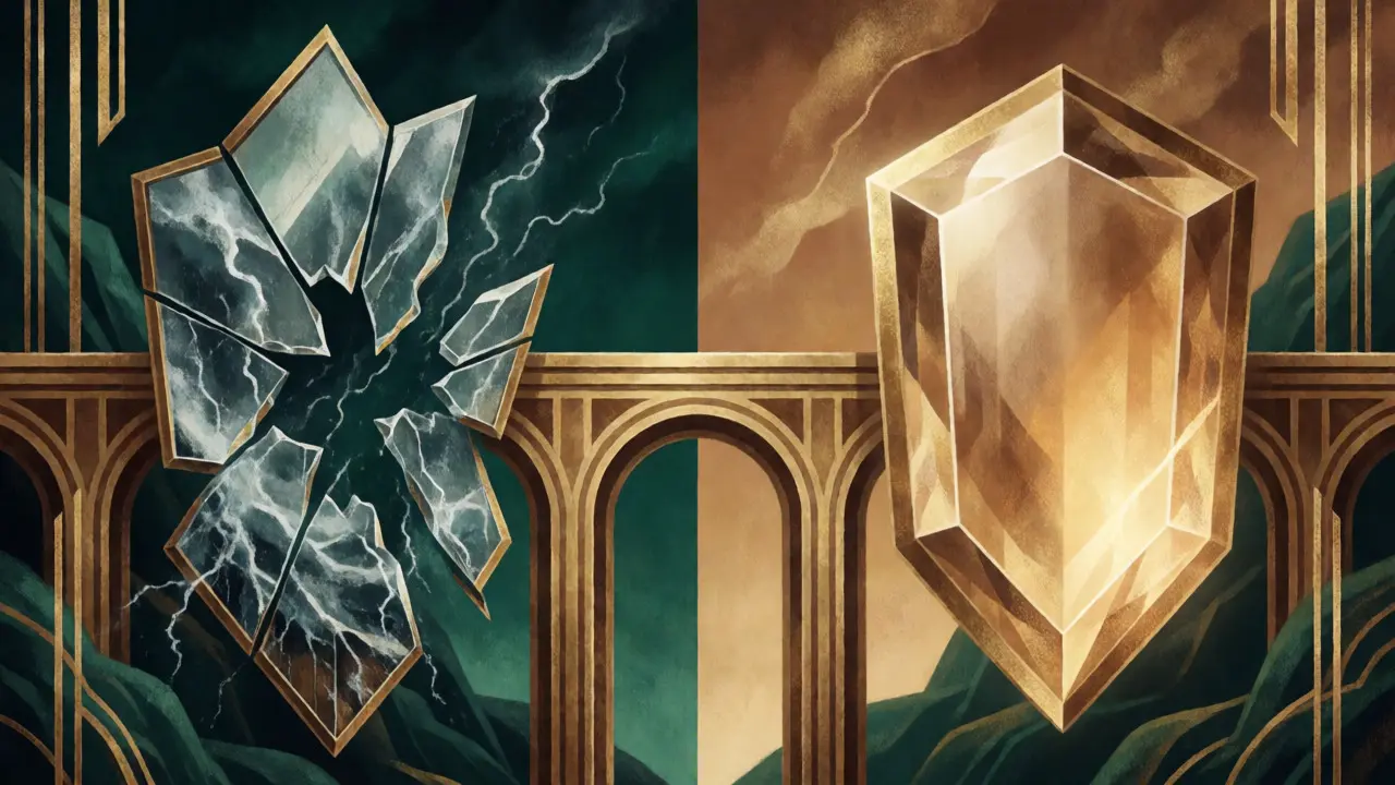 Symbolické propojení chaosu a stability přes zlatý most ve stylu Art Deco