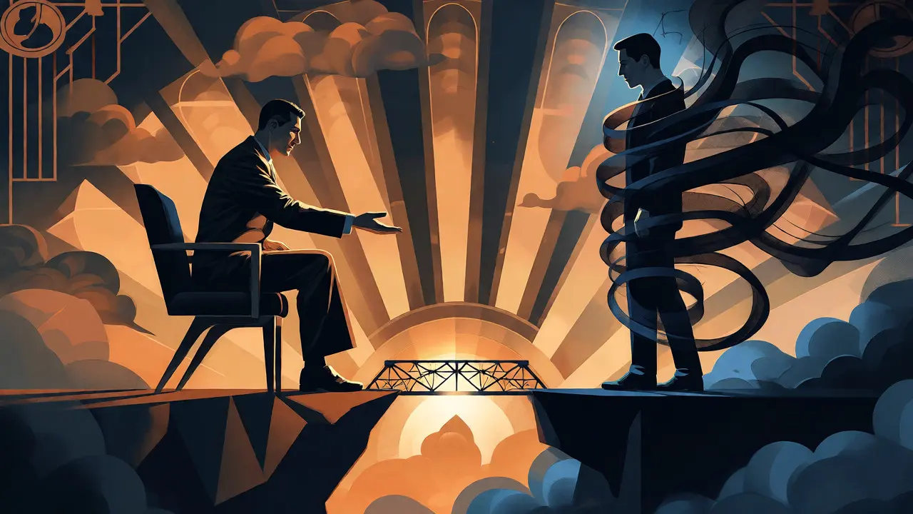 Terapeutický most přes propast nedůvěry znázorněný v Art Deco ilustraci.