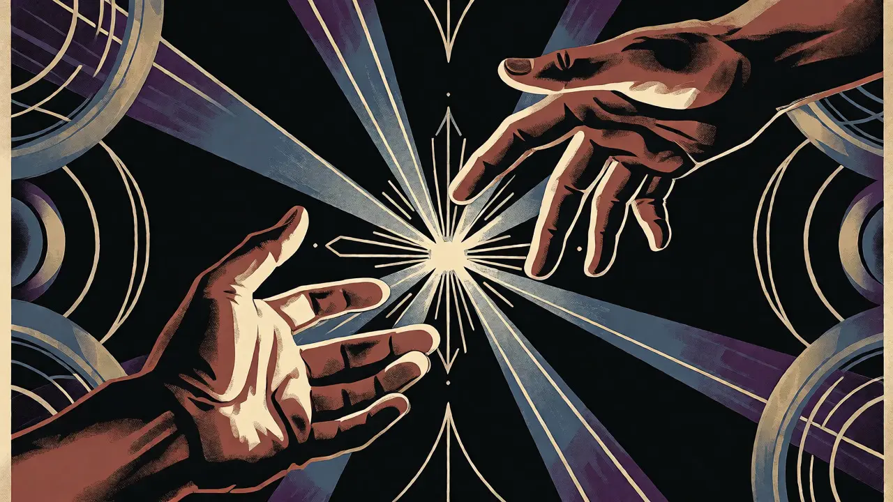 Art Deco ilustrace dvou rukou, které se dotýkají ve tmě, symbolizující pomoc.