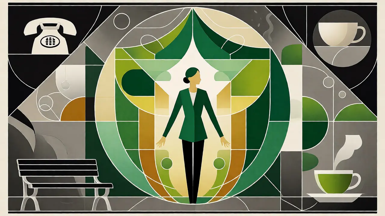 Art Deco ilustrace osoby chráněné geometrickým štítem podpory a bezpečí.