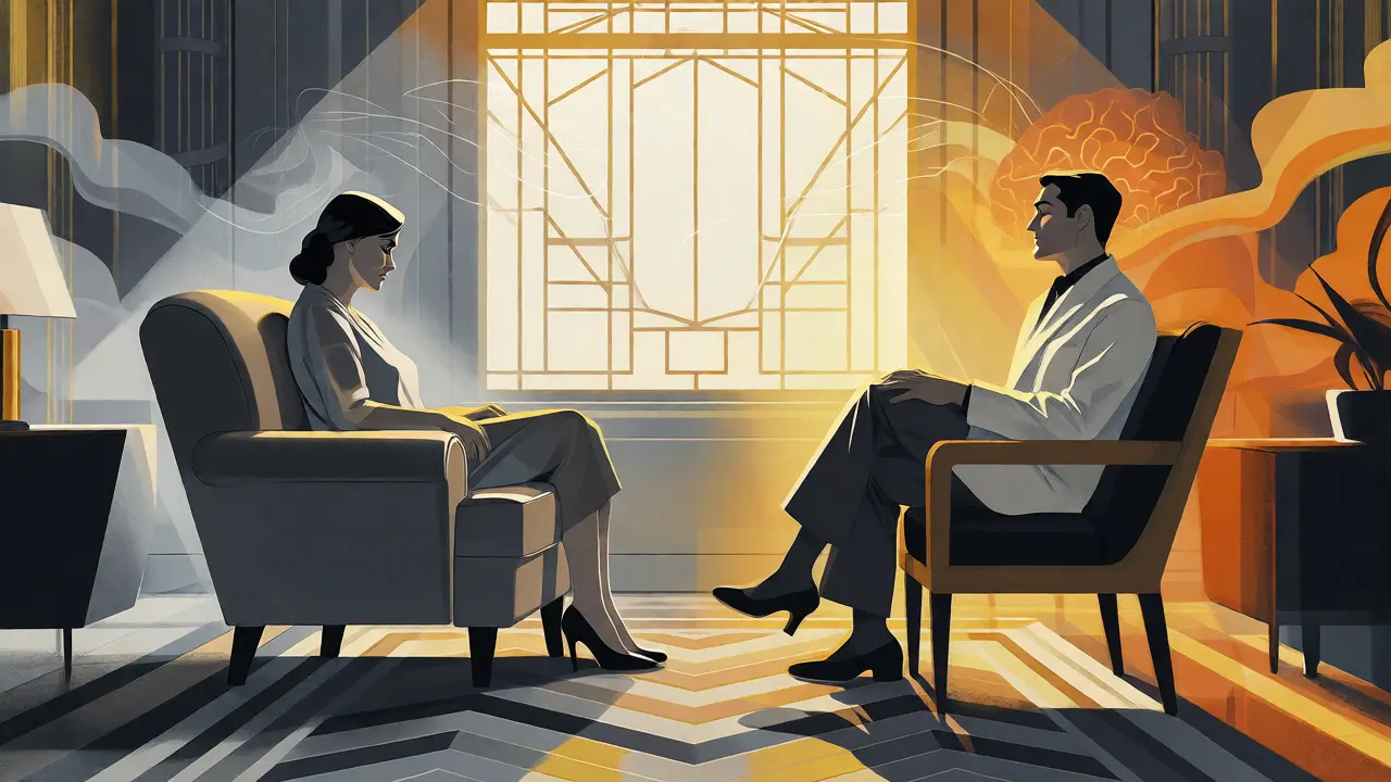 Art Deco ilustrace psychoterapie matky s terapeutem v elegantním interiéru