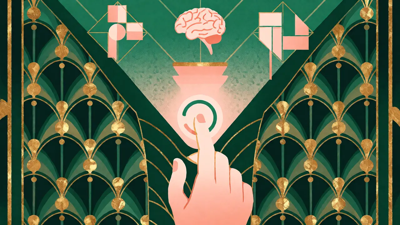 Art Deco ilustrace symbolizující uzavření online sezení a integraci poznatků pomocí geometrických tvarů.