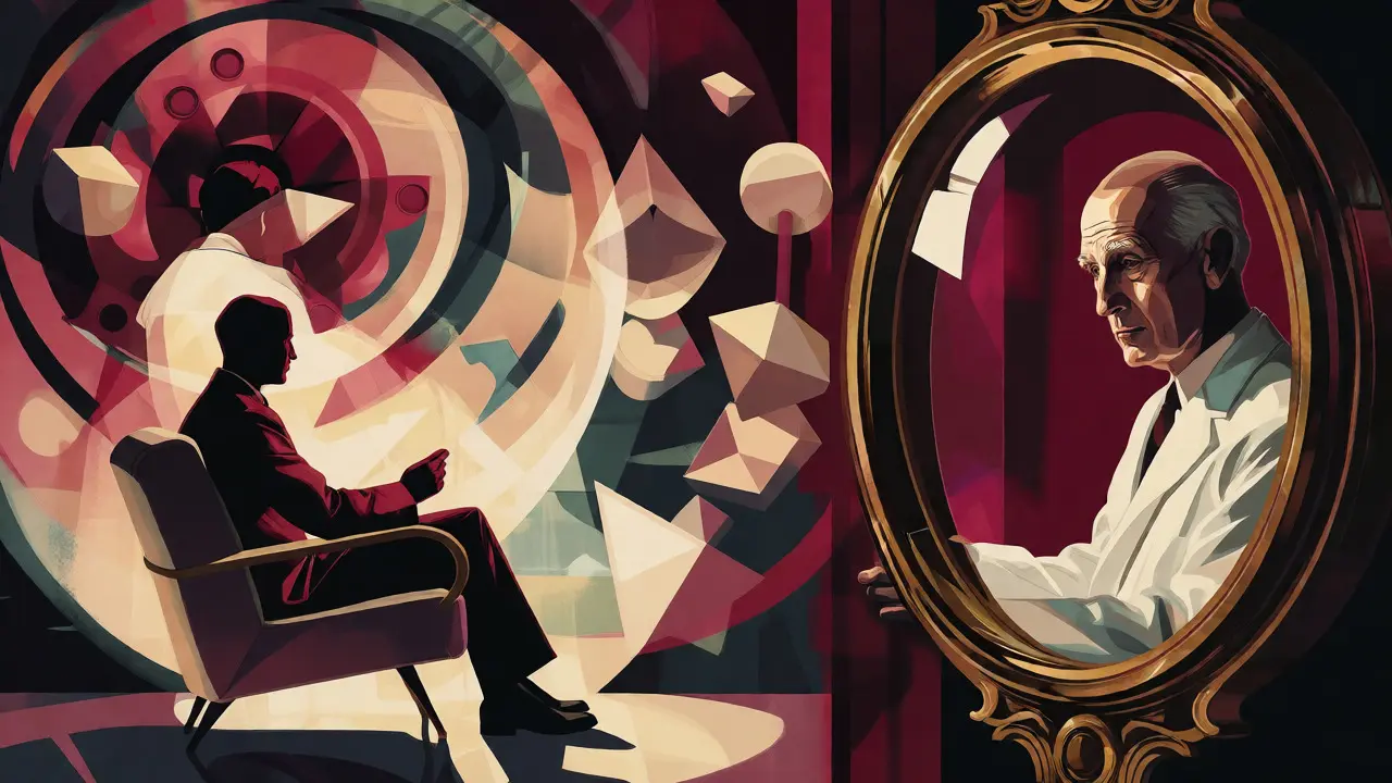 Art Deco ilustrace znázorňující supervizi a sebezkušenostní terapii jako klíčové pilíře výcviku.
