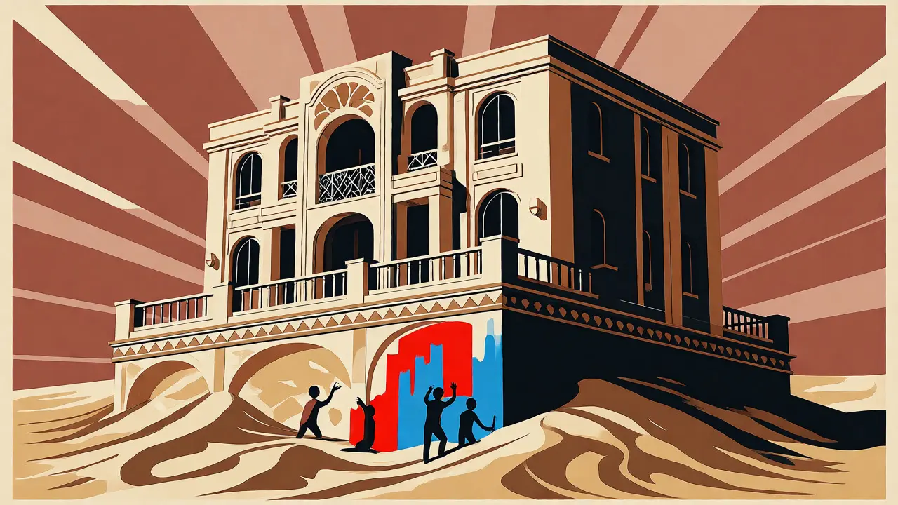 Dům na nestabilním písku s malujícími postavami v art deco ilustraci