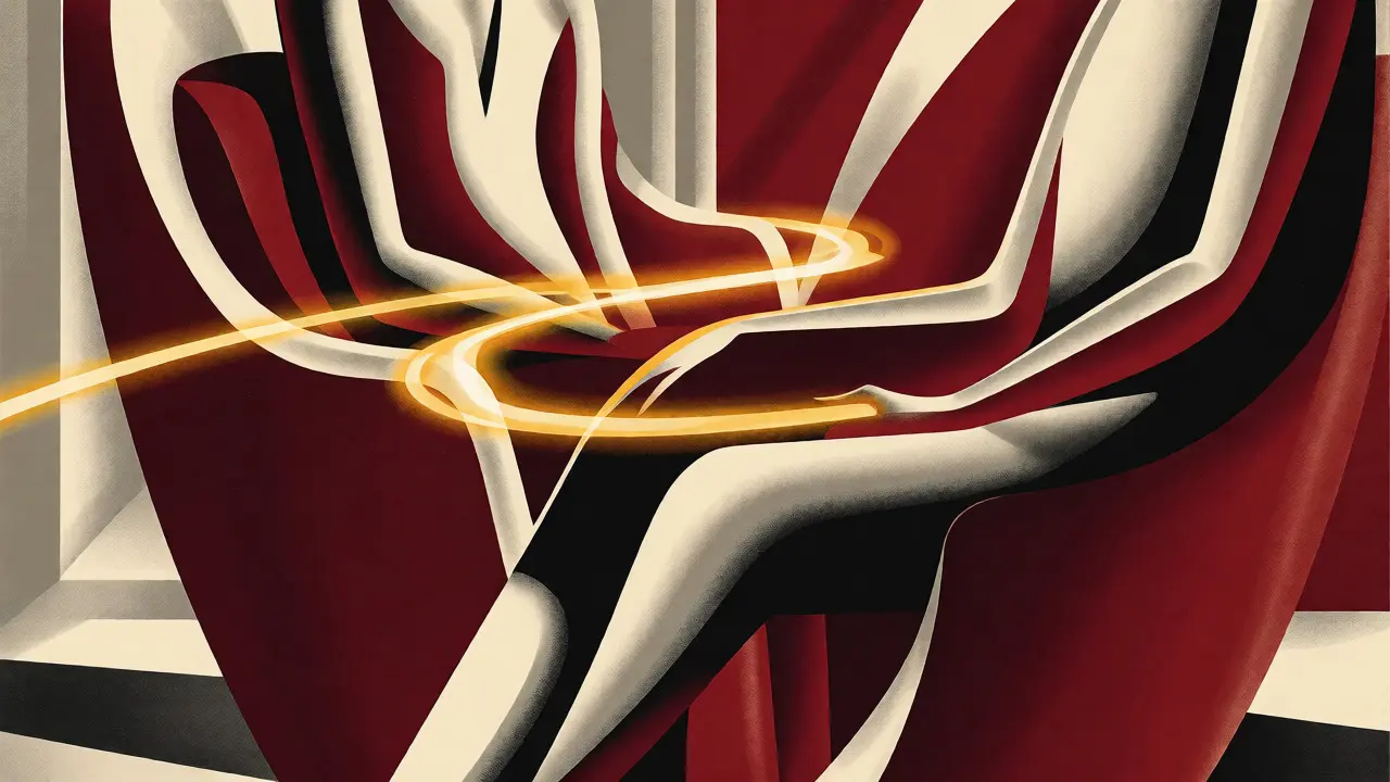 Dvě postavy v křeslech propojené zlatým světlem důvěry ve stylu Art Deco reklamy.