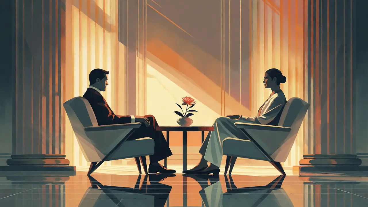 Elegantní scéna terapie se dvěma postavami v Art Deco interiéru