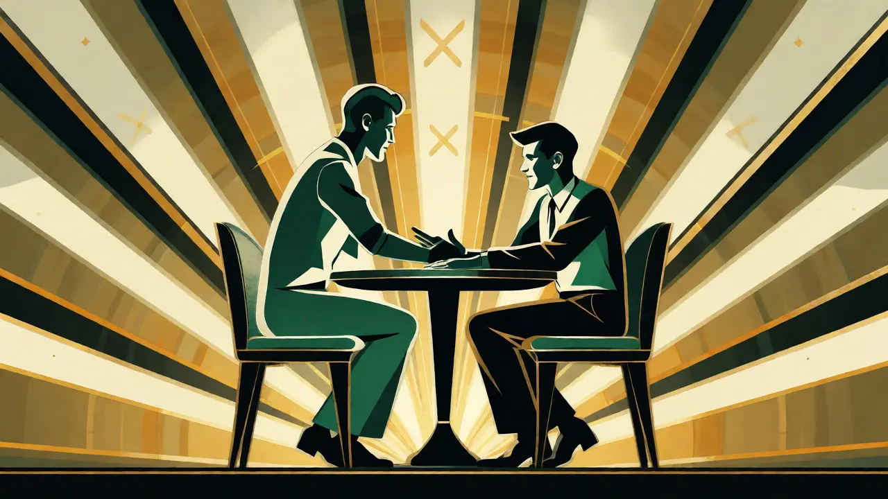 Ilustrace dvou osob v terapii v geometrickém Art Deco stylu