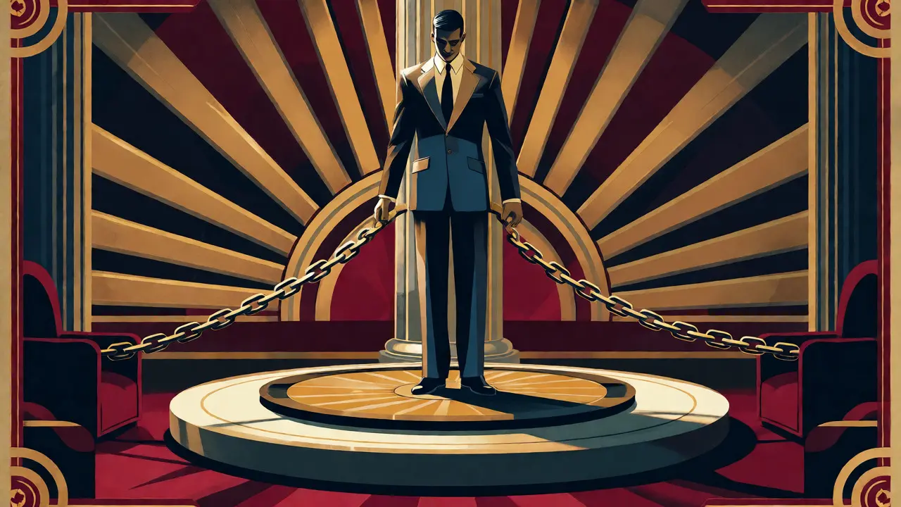 Konceptuální ilustrace závislosti na terapeutovi pomocí zlatých řetězů a rotujícího podstavce.