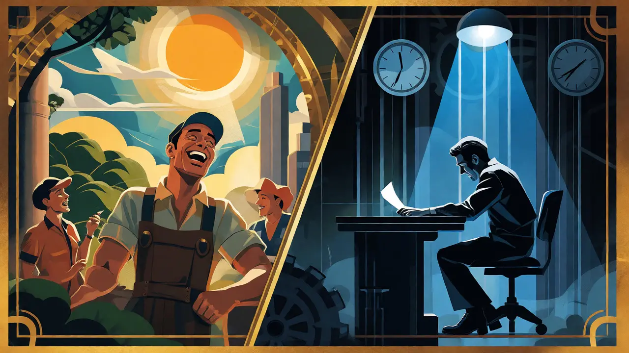Kontrast mezi radostnou prací a izolovaným workoholismem v ilustraci.