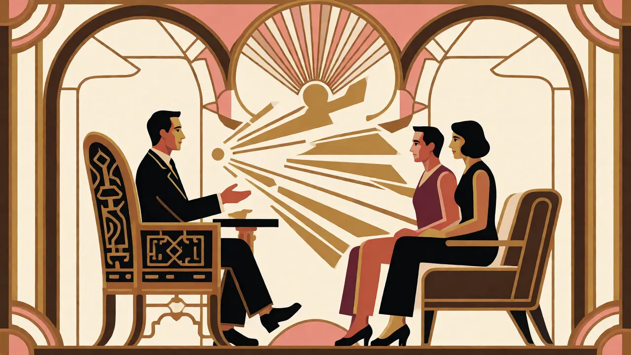 Párová terapie s terapeutem a párem v geometrickém interiéru, styl Art Deco.