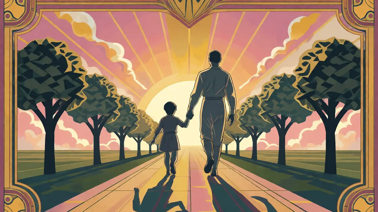 Rodič a dítě kráčející k úsvitu ve stylu Art Deco ilustrace