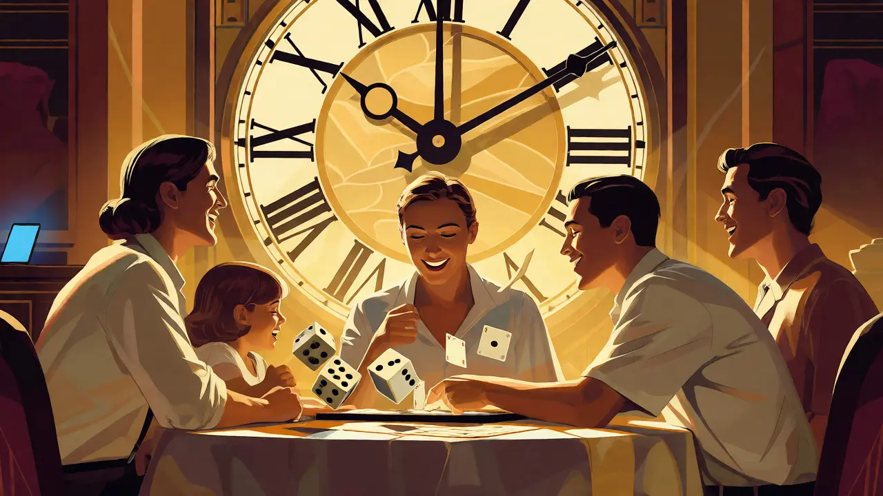 Rodina u stolu bez technologií pod velkým Art Deco hodinami.