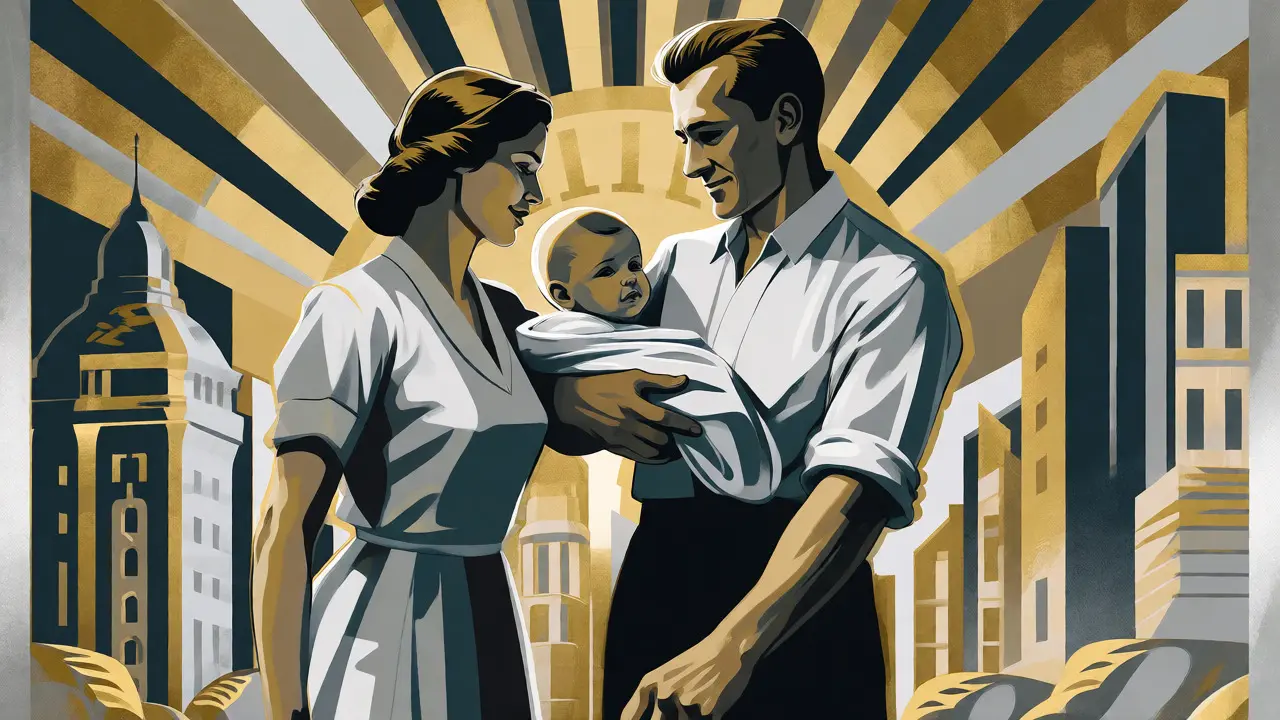 Rodina ve stylu Art Deco s otcem pomáhajícím matce s péčí o dítě