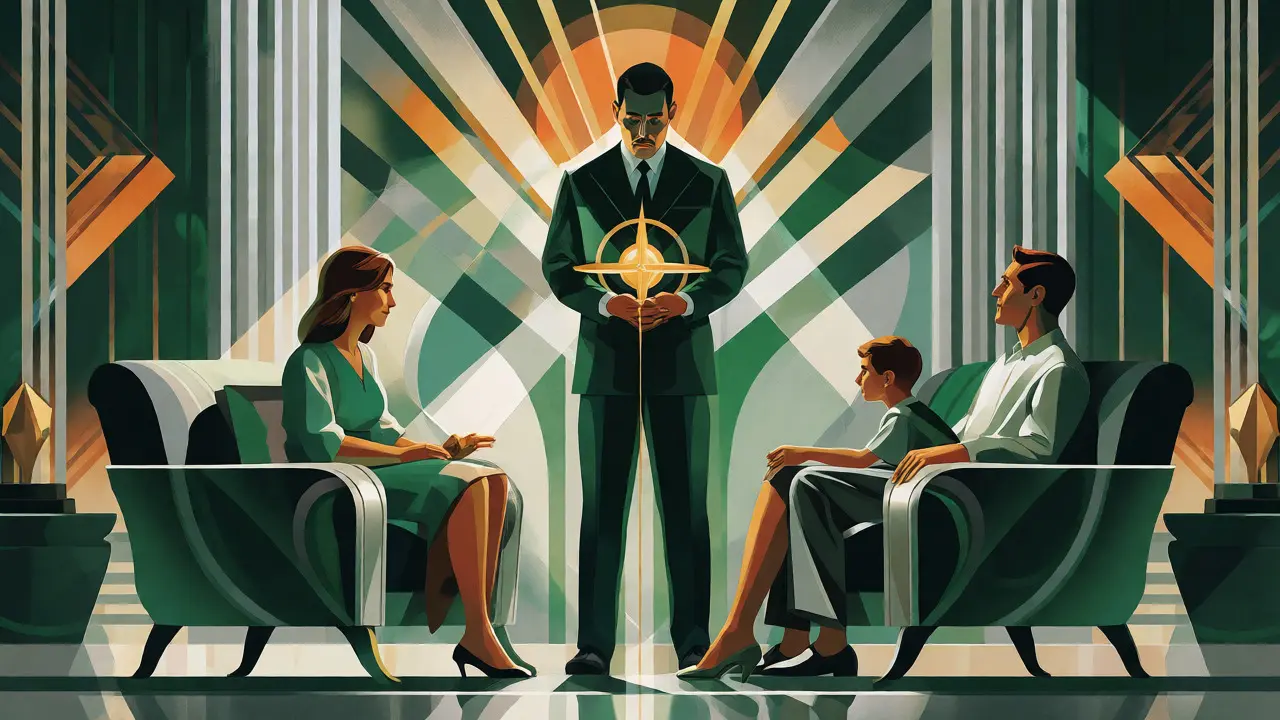 Rodinná terapie jako harmonická geometrická scéna ve stylu Art Deco