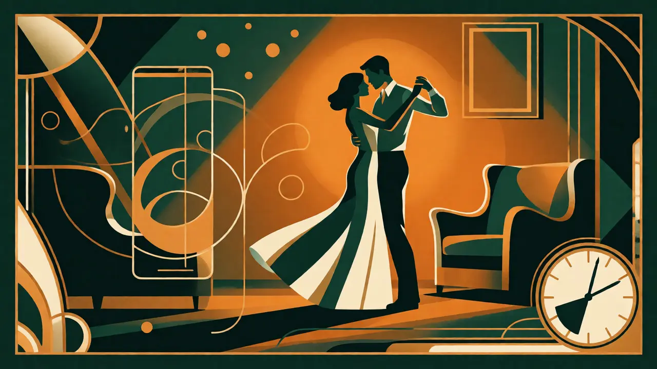 Romantický tanec páru v obýváku se zlatými akcenty, styl Art Deco.