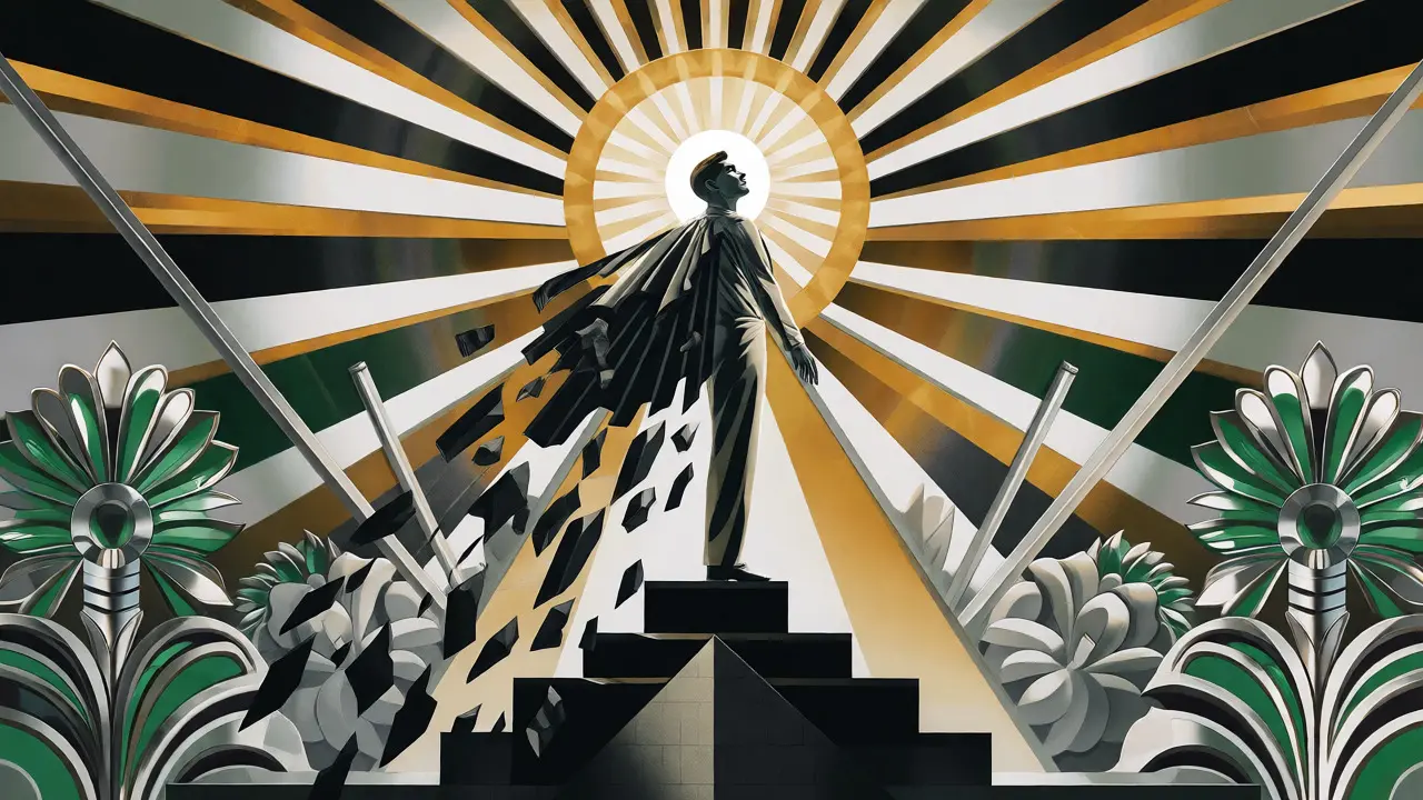 Stylizovaná postava v Art Deco stylu stojící na podstavci, osvobozená od temných úlomků do světla.