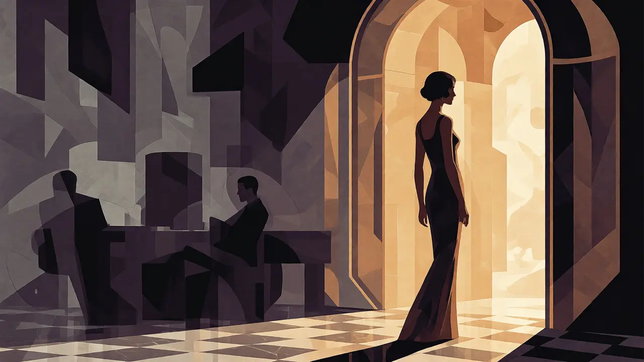 Žena odcházející ze stínové místnosti do světla v art deco stylu